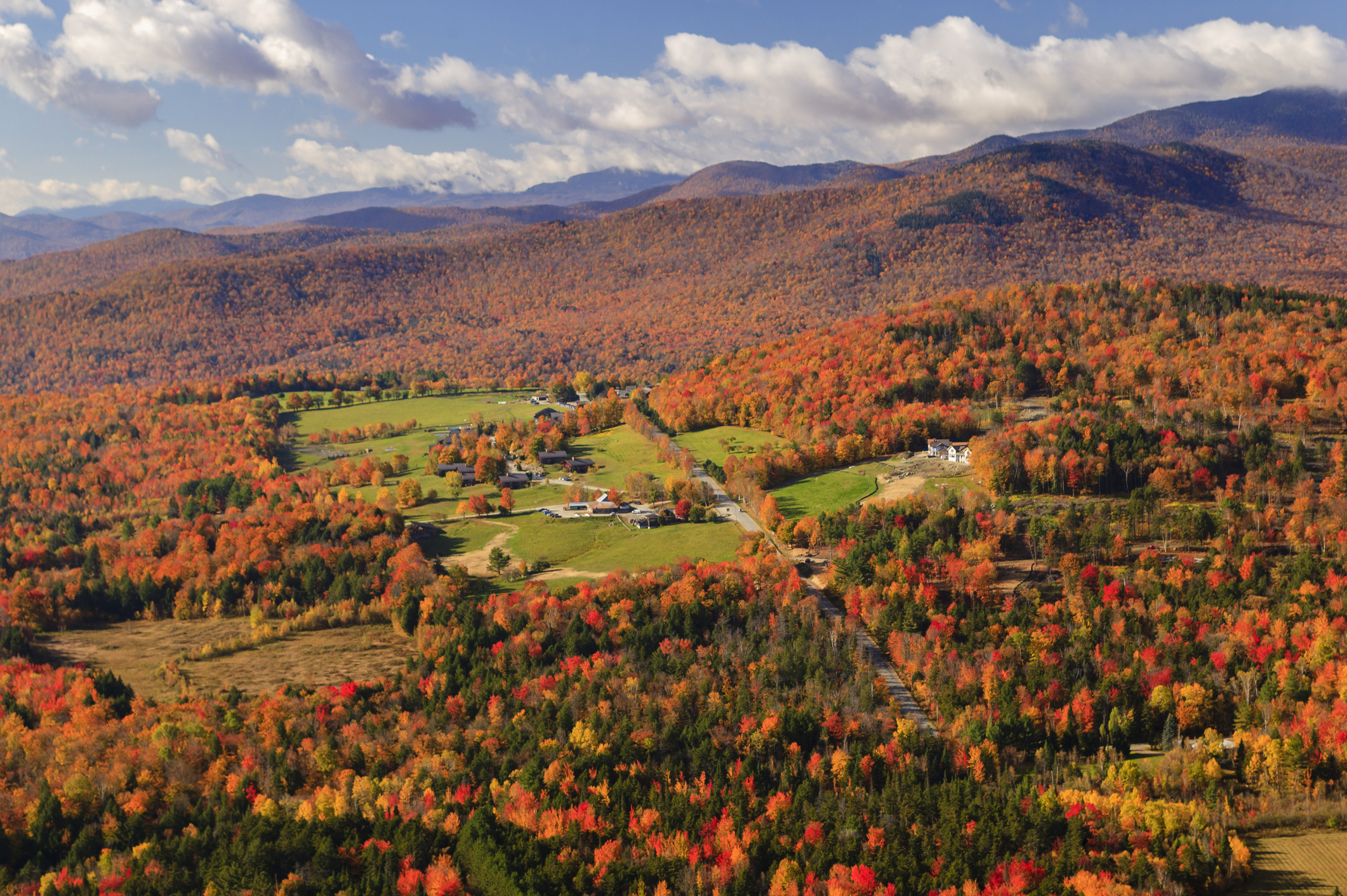 Aerial view of fall foliage in Stowe