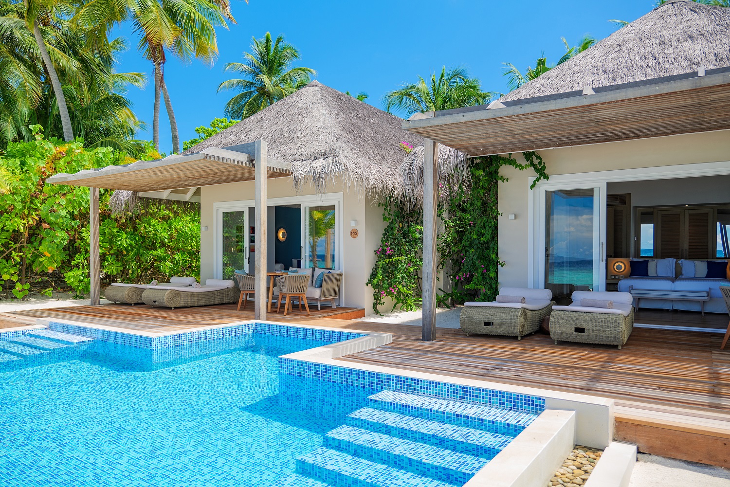 Save 35% on this luxurious 2 bedroom family beach villa with pool in the Maldives!