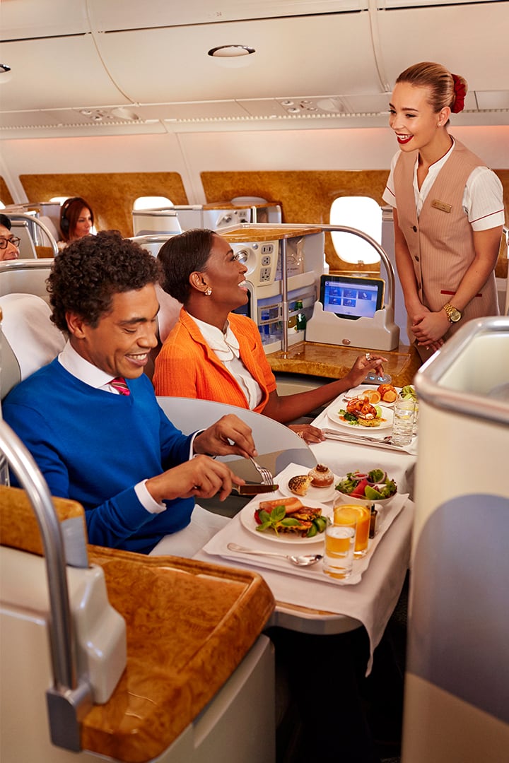 Couple eating Lunch Emirates A380 Business Class